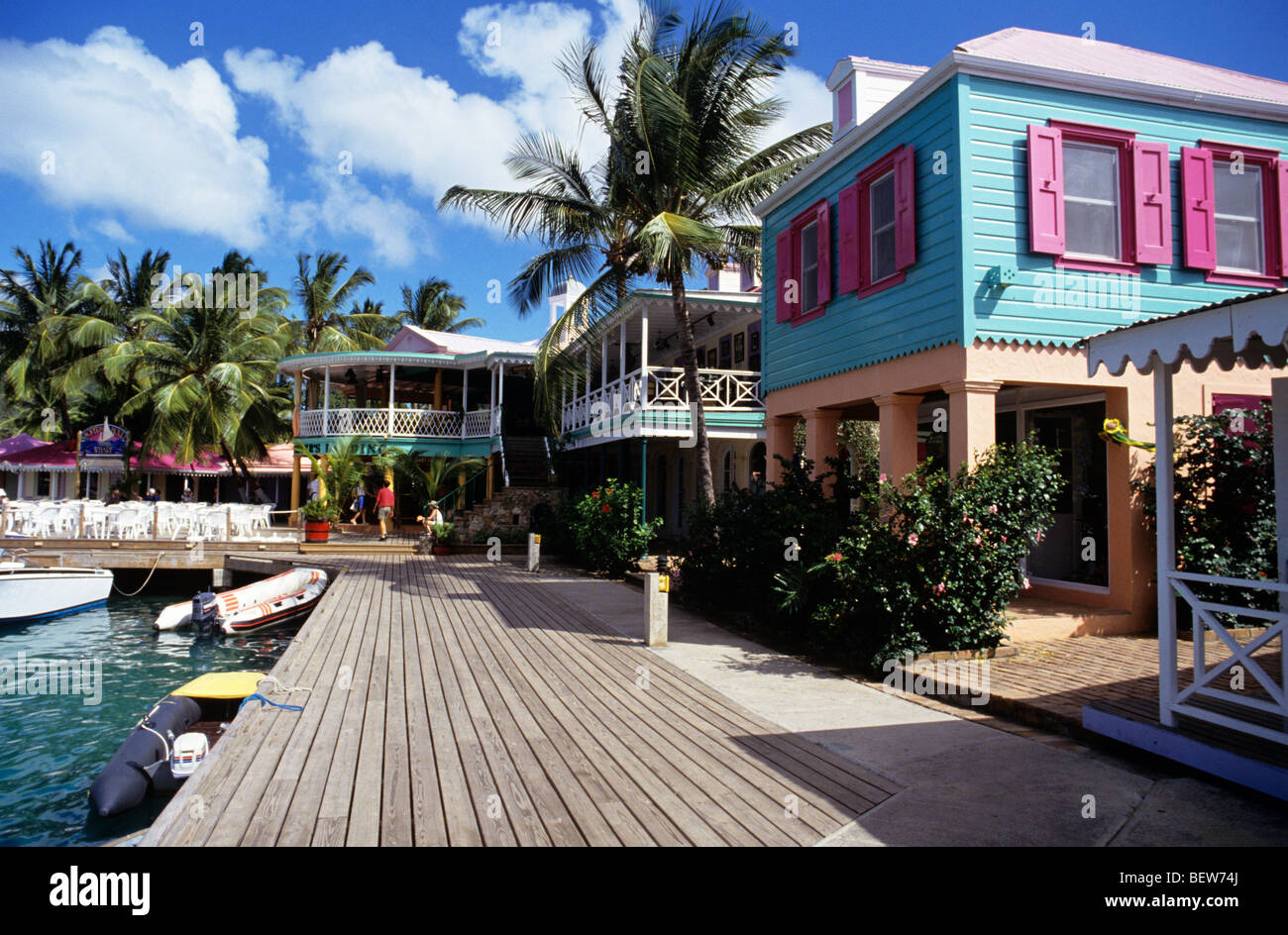 Colourful harbourside buildings at Frenchman's Cay, a small island off the West End of Tortola Stock Photo