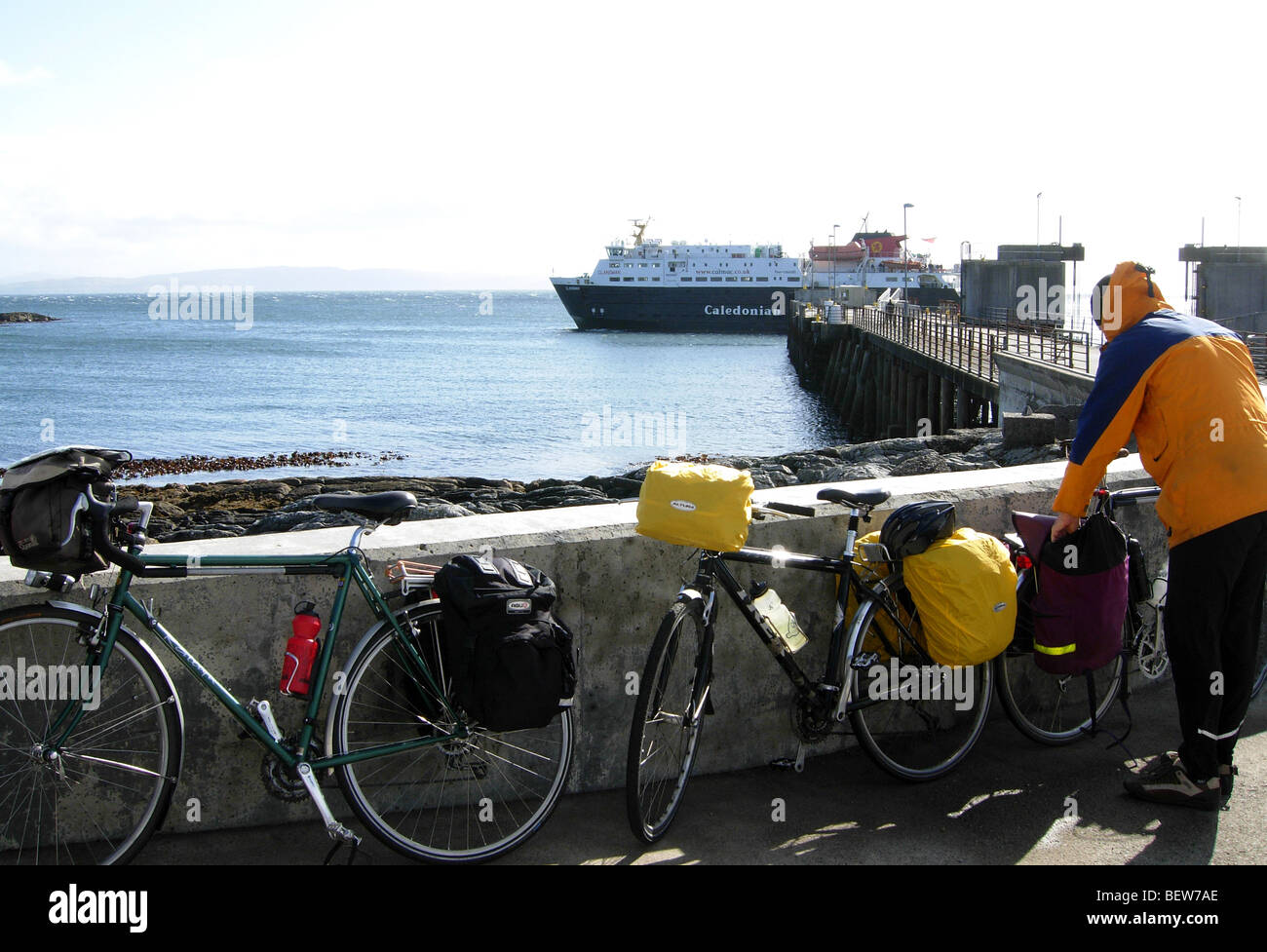 Bicycles lined up ready to board the Caledonian Macbrayne ferry from Coll to Oban Scotland Stock Photo