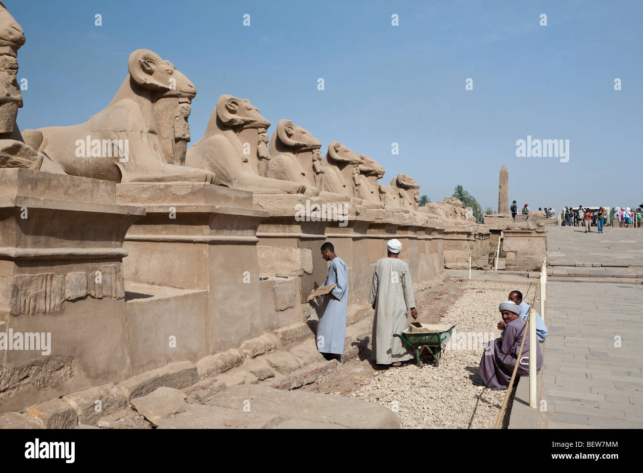 Worker restore Row of Ram-headed Sphinxes at Karnak Temple, Luxor, Egypt Stock Photo