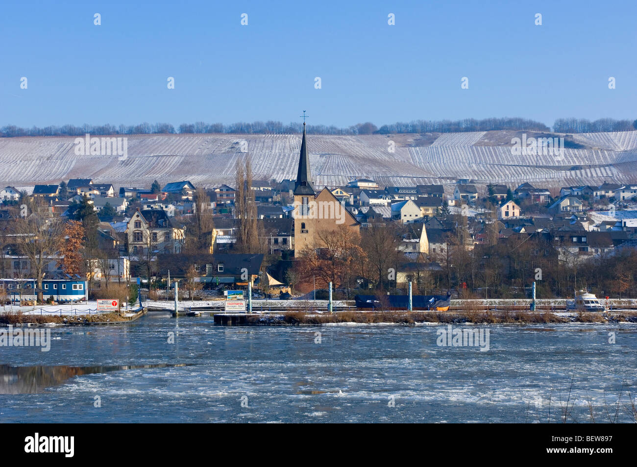 View over Moselle river to Neumagen-Drohn in winter Stock Photo