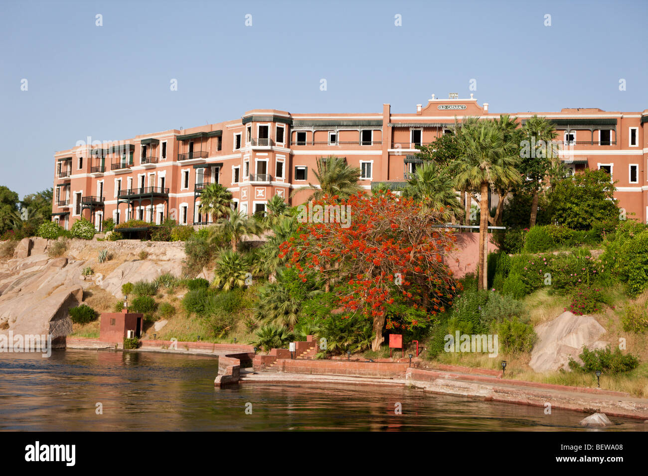 Traditional Hotel Old Cataract at Nile River, Aswan, Egypt Stock Photo