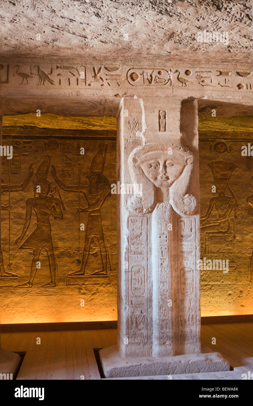 Pillar in Small Hathor Temple of Nefertari, Abu Simbel, Egypt Stock Photo