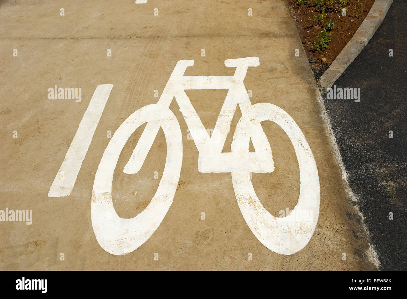 Close up of white painted designated bicycle cycle bike lane on shared footpath path Madeira Portugal EU Europe Stock Photo