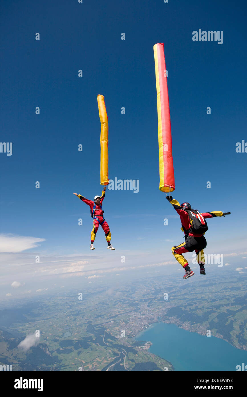 two people doing parachute jumping, full shot Stock Photo Alamy