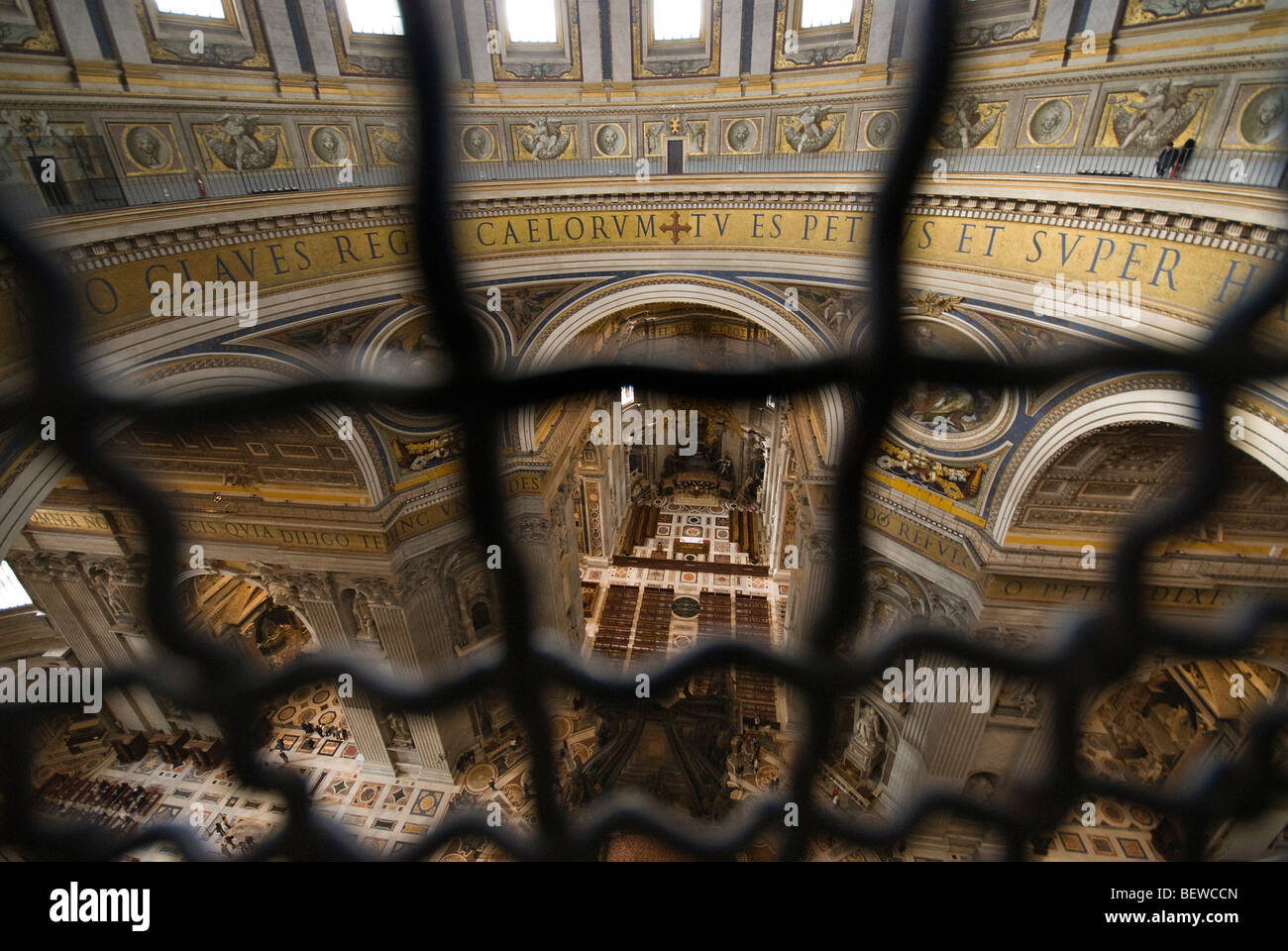 View through grid to the internal space of St. Peters Basilica, Rome, Vatican City, elevated view Stock Photo