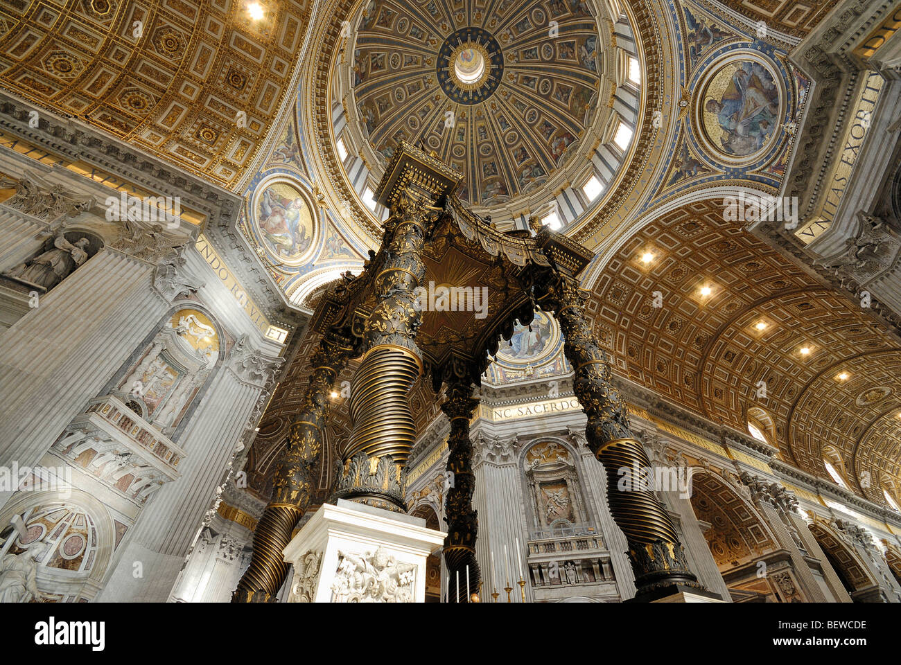 Berninis baldachin at St. Peters Basilica, Rome, Vatican City, view from below Stock Photo