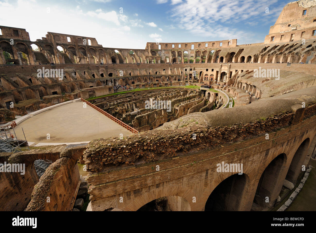 View over the internal space of the Colosseum, Rome, Italy, wide-angle shot Stock Photo