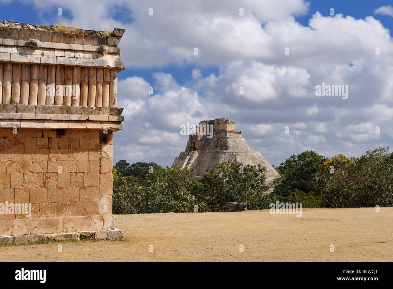 View to the Pyramid of the Magician (Piramide del Adivino) at the Maya ruin site of Uxmal, Yucatan, Mexico Stock Photo