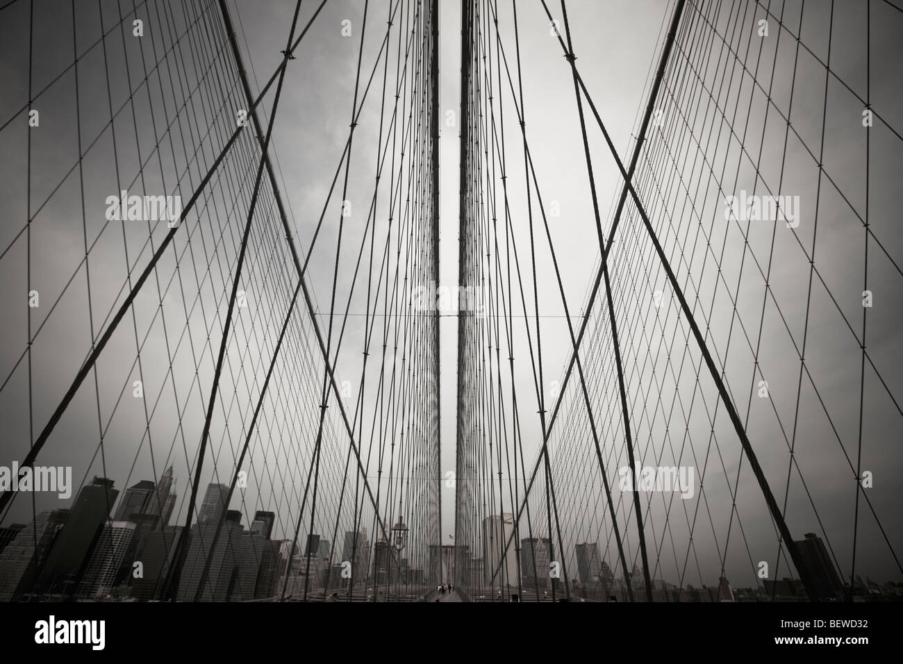 Steel ropes of the Brooklyn Bridge, New York City, USA, wideangle