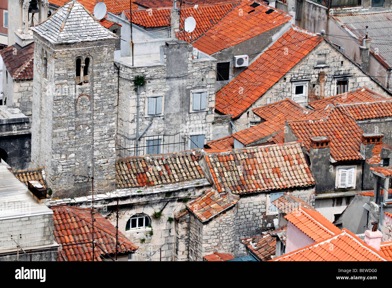 Over the rooftops of the old quarter of Split, Croatia, aerial ...