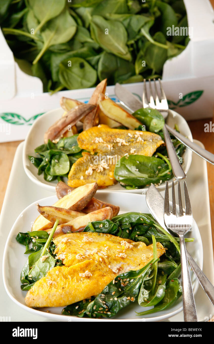 Flounder with Spinach Stock Photo Alamy