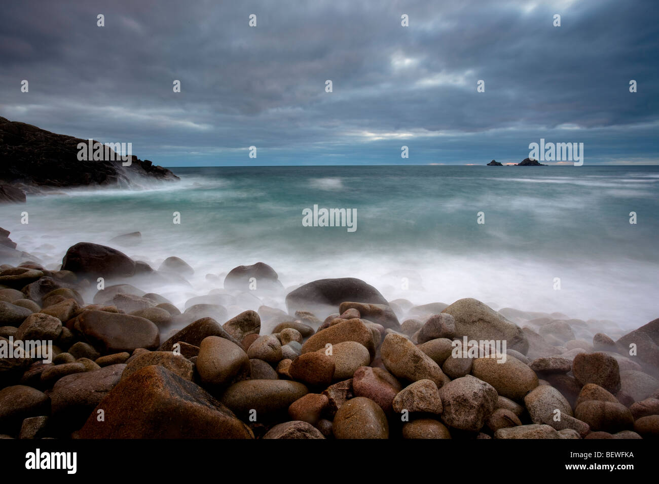 High Tide at Dusk, Porth Nanven, St Just, North Cornwall Stock Photo