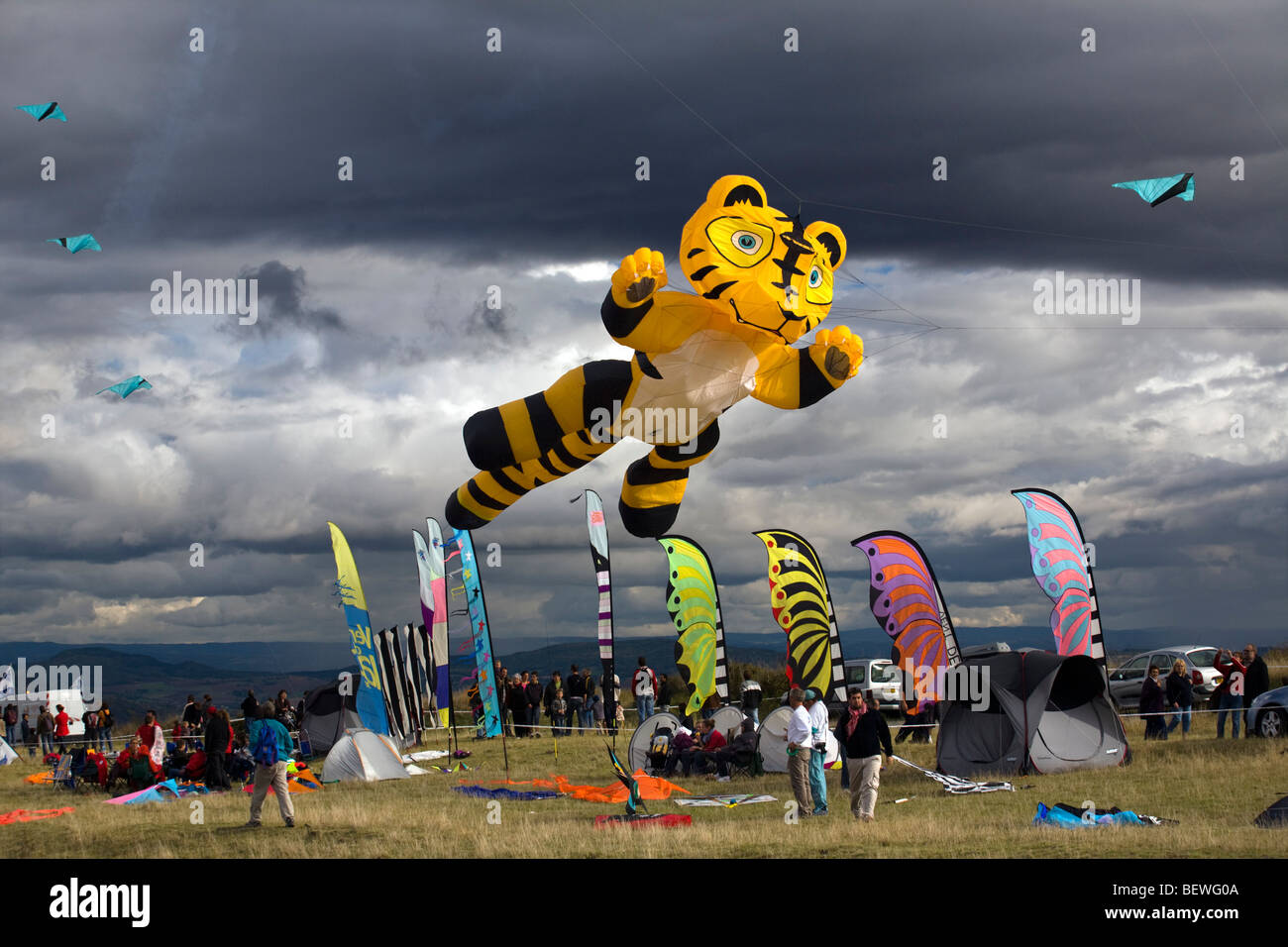 A tiger-shaped kite, at the time of the 'Cervolix' Air Festival (Auvergne - France). Cerf-volant en forme de tigre (Auvergne). Stock Photo