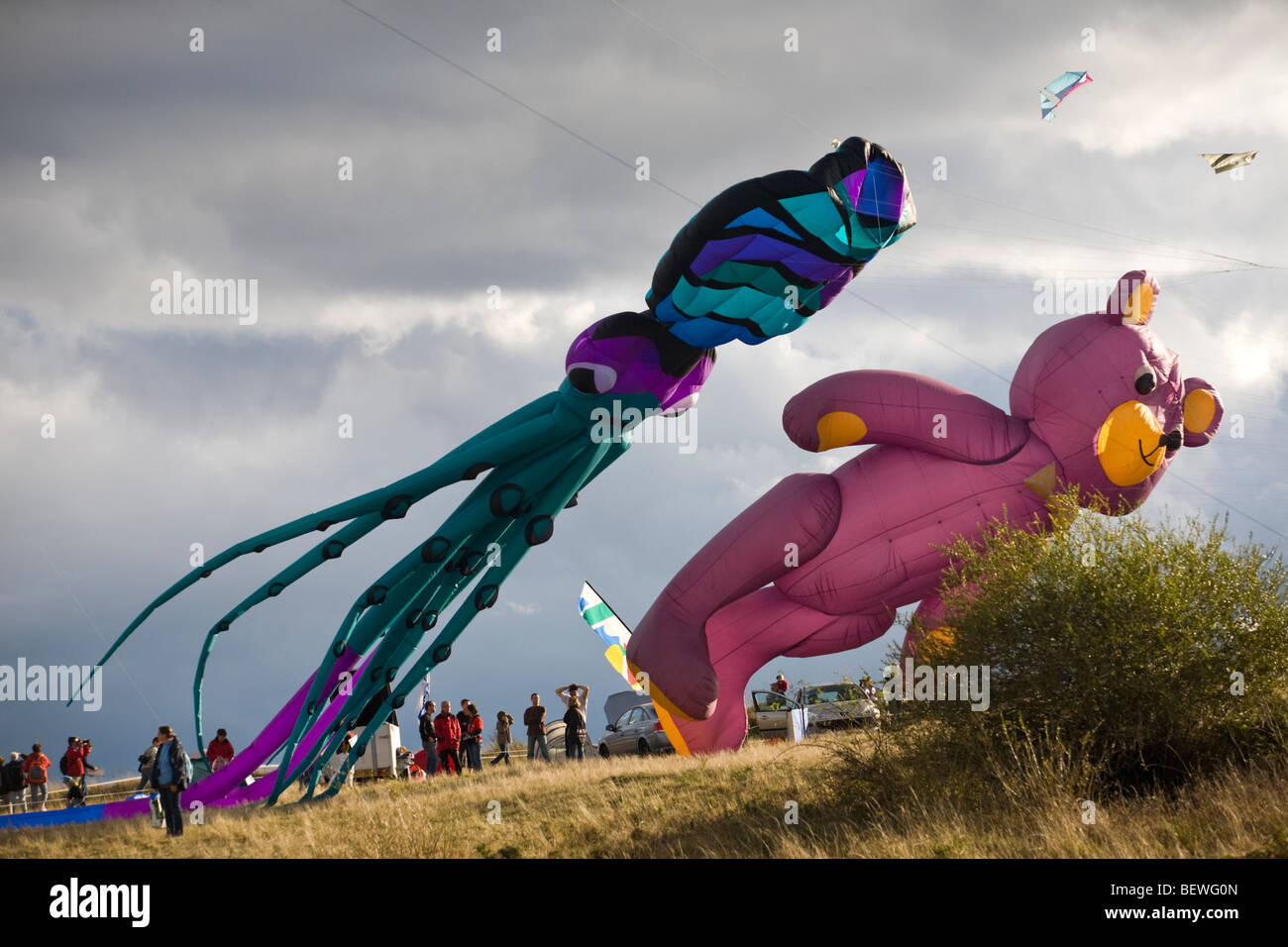 Octopus and bear-shaped kites at the time of the "Cervolix" Air Festival (France). Cerfs-volants en forme de pieuvre et d'ours. Stock Photo