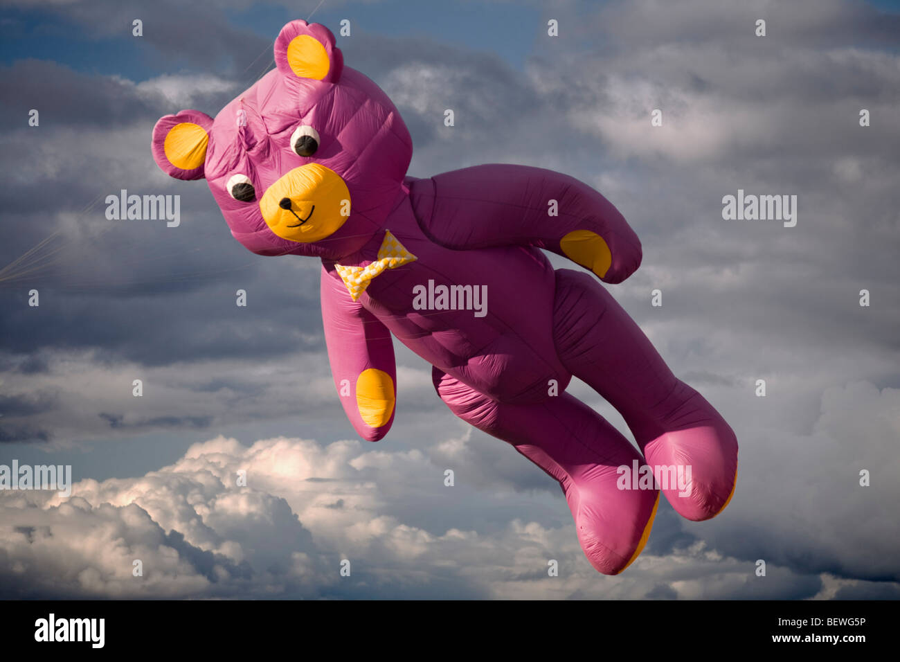 A teddy bear-shaped kite, at the time of the 'Cervolix' Air Festival (Auvergne - France). Cerf-volant en forme d'ours (France). Stock Photo