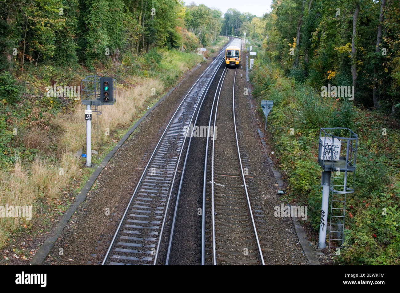 A London commuter train travelling through a wooded area Stock Photo