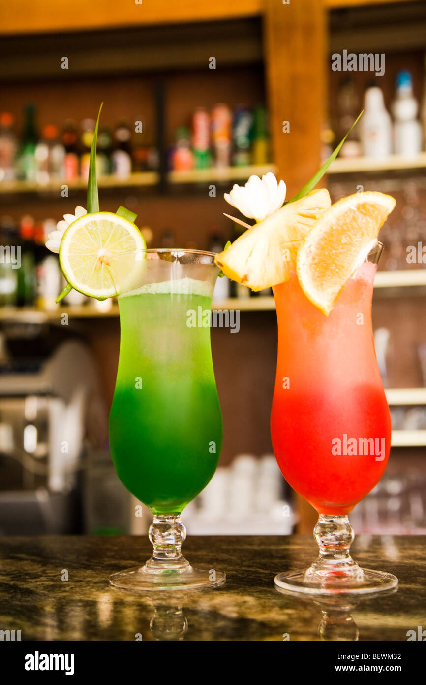 Tropical drinks on a table in a bar, Papeete, Tahiti, French Polynesia Stock Photo image