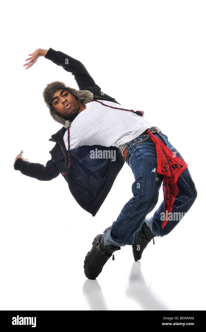 Hip-Hop style dancer performing isolated on a white background Stock Photo