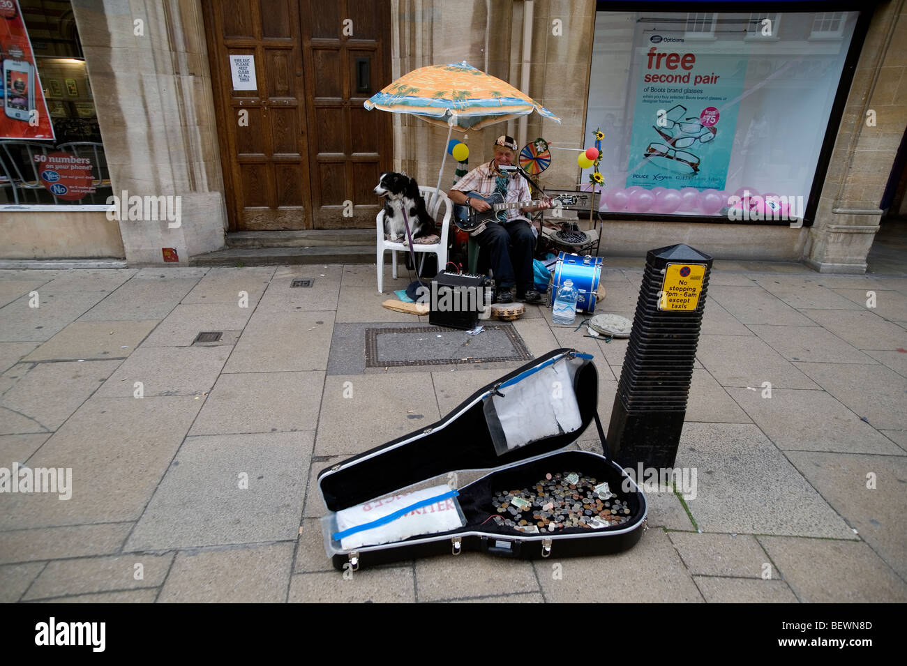 Busking on the streets of Cambridge, Britain. Stock Photo