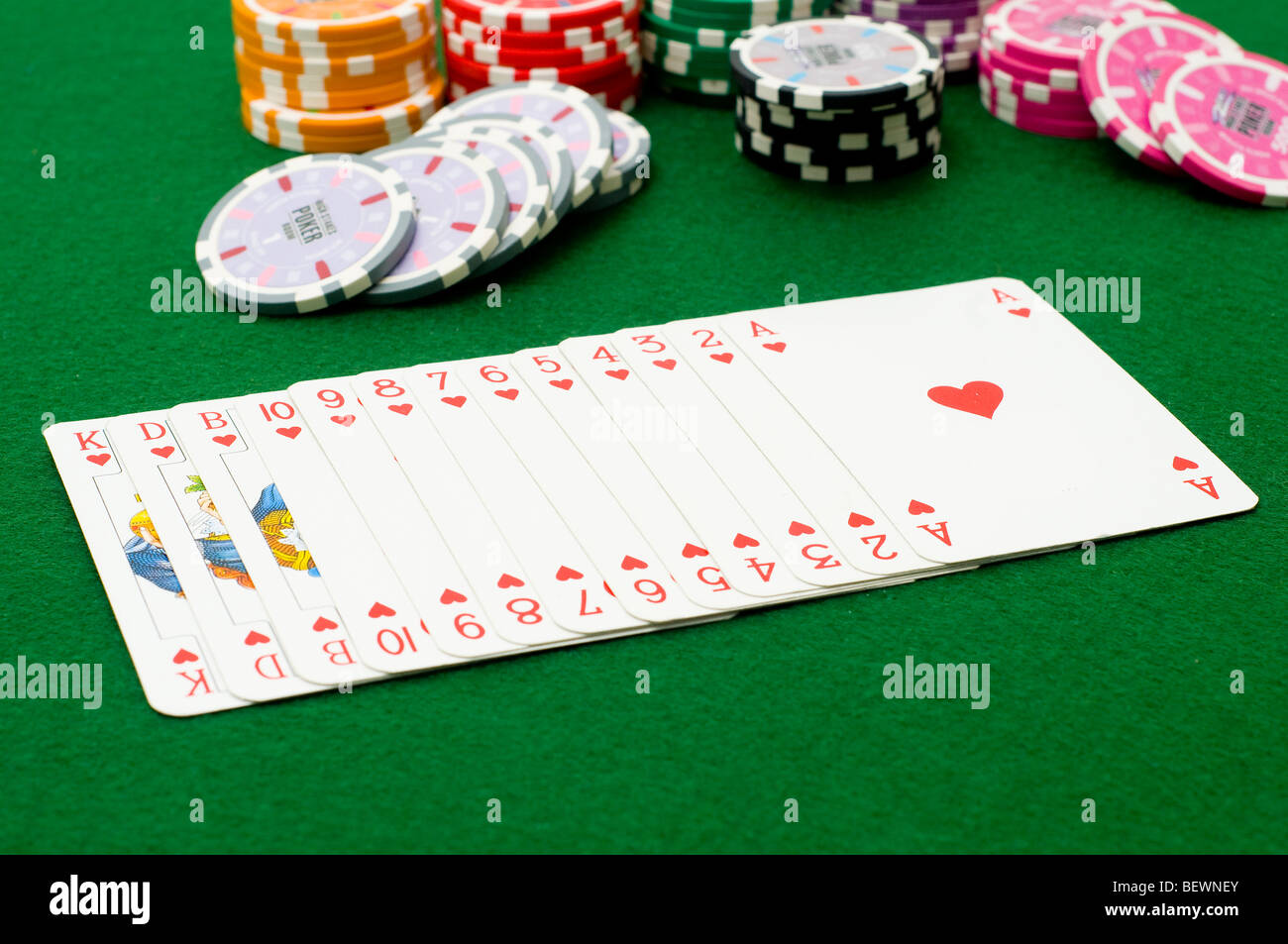 Poker play cards and fiches on the green table Stock Photo