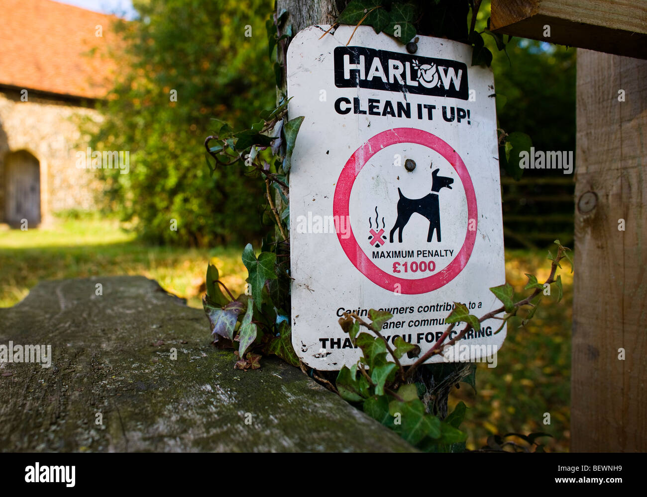 Harlow Council sign to Clean It Up warning dog owners to clean up their dogs mess or face a fine Stock Photo