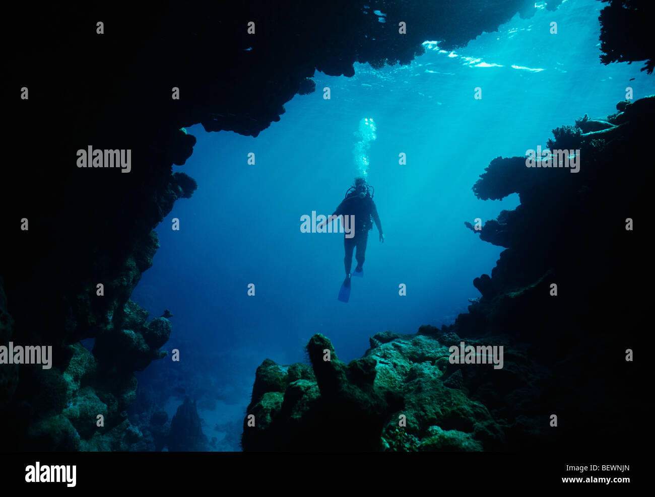 Scuba diver explores cave entrance. Sinai, Egypt - Red Sea Stock Photo