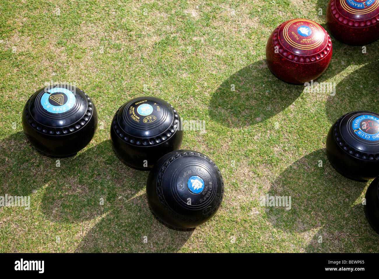 Overhead shot of a group of lawn bowls woods at Southwark Park Club