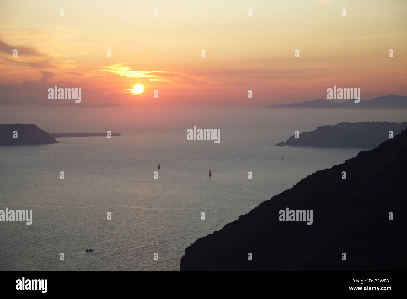 Sunset over the Aegean Sea, Santorini, Cycldes Islands,Greece Stock Photo