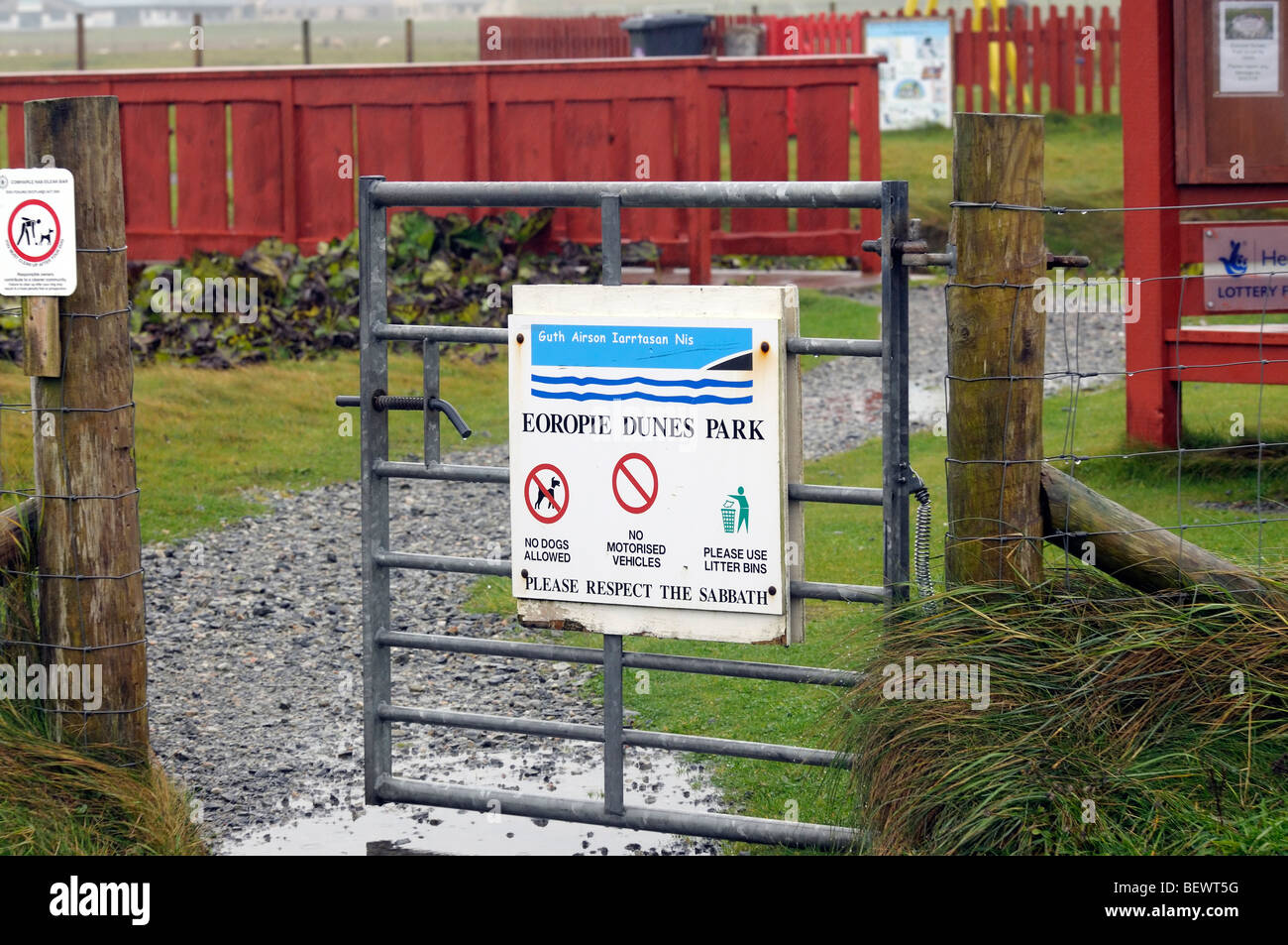 Playground sign on a gate at Eoropie in the Isle of Lewis requesting observance of the Sabbath Stock Photo
