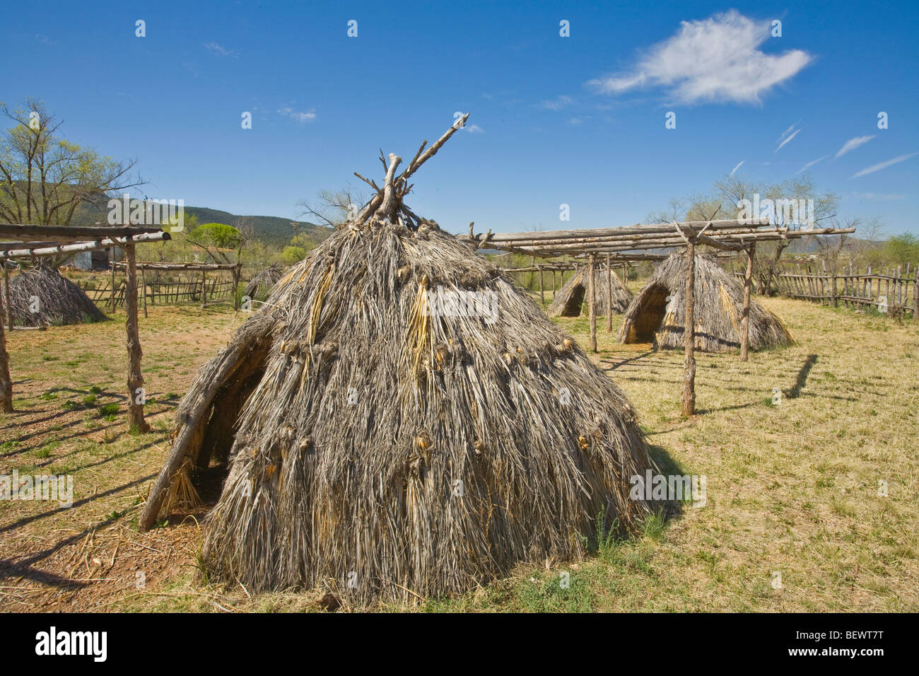 Apache traditional village outside Apache Cultural Center, White Mountain Apache Nation, Fort Apache Indian Reservation, Arizona Stock Photo