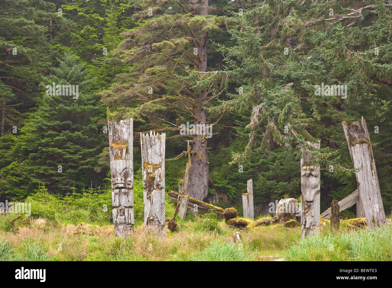 Standing poles at Ninstints, in Gwaii Haanas National Park Reserve, Queen Charlotte Islands of British Columbia, Canada Stock Photo