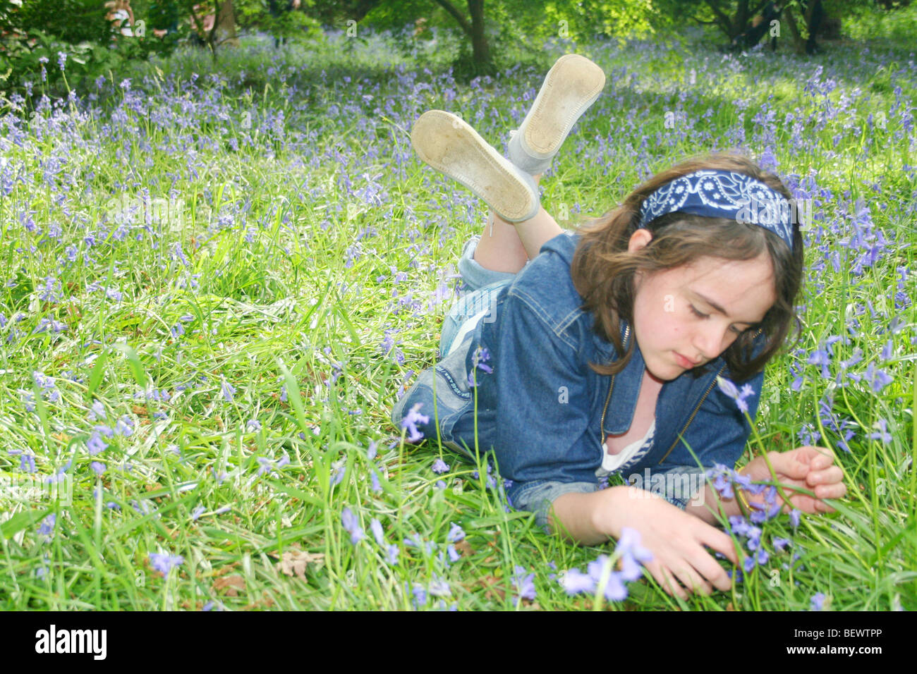 child in field of bluebells lying down alone Stock Photo