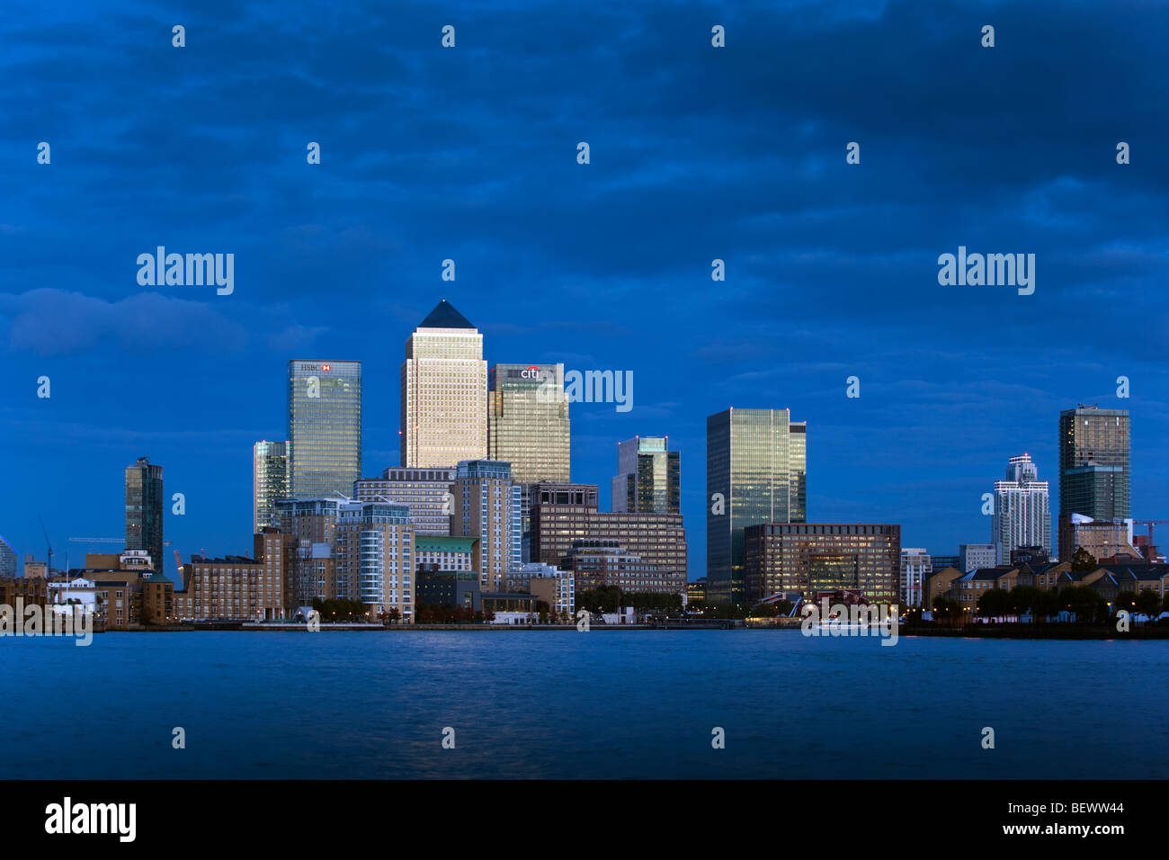 Canary Wharf Skyline at dusk Stock Photo