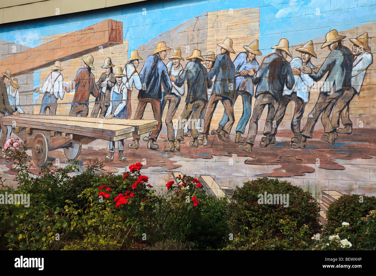 Mural of lumber industry, Chemainus, North Cowichan, Vancouver Island