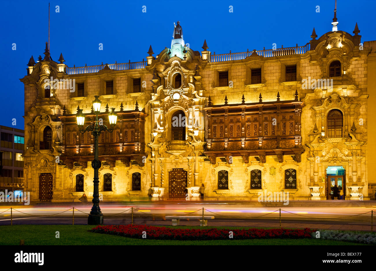 Archbishop's Palace in Plaza Mayor, formerly Plaza de Armas, in downtown Lima,capital of Peru Stock Photo