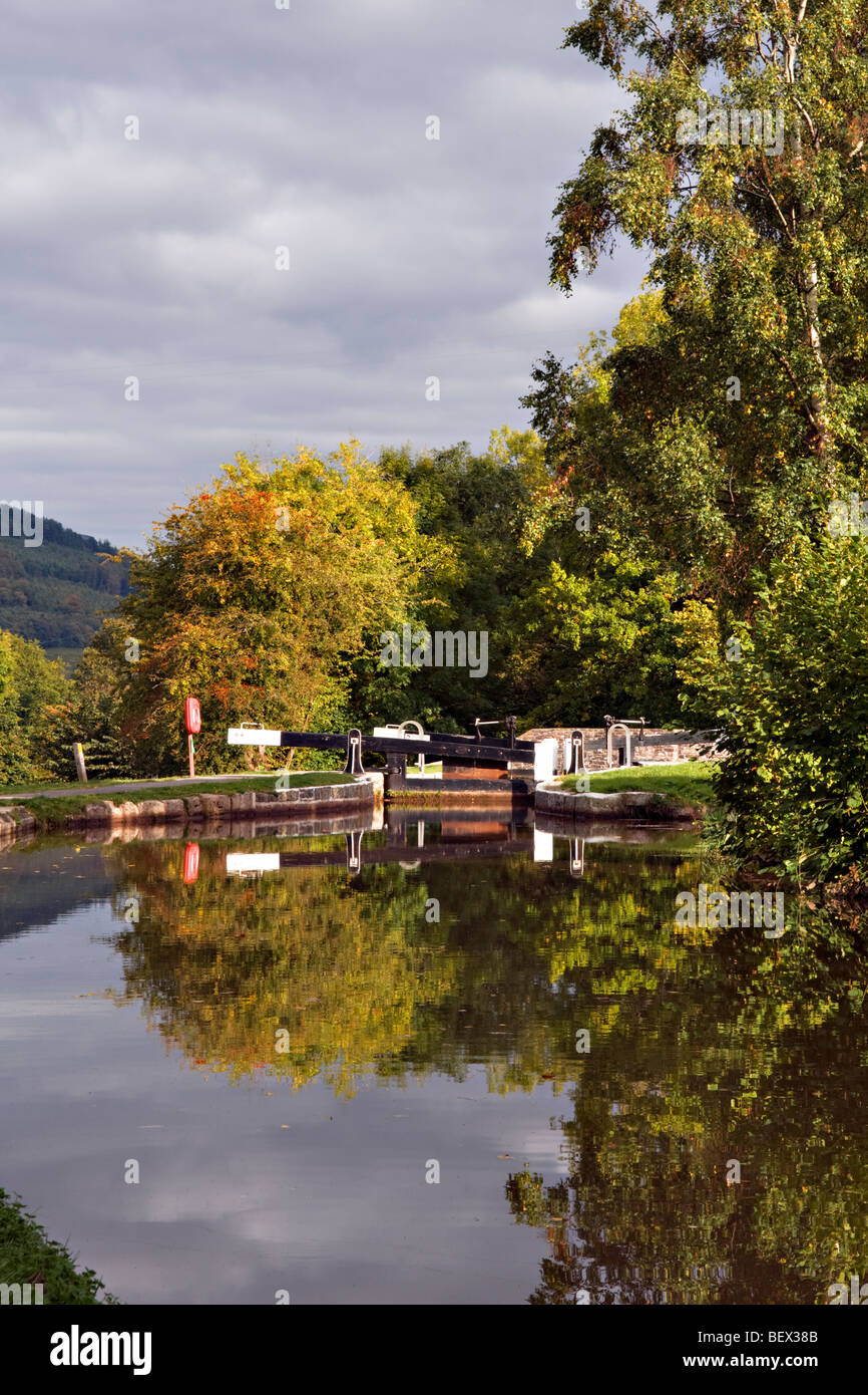 Perfect autumn reflection at Llangynidr locks, monmouth and Brecon Canal mid Wales Stock Photo