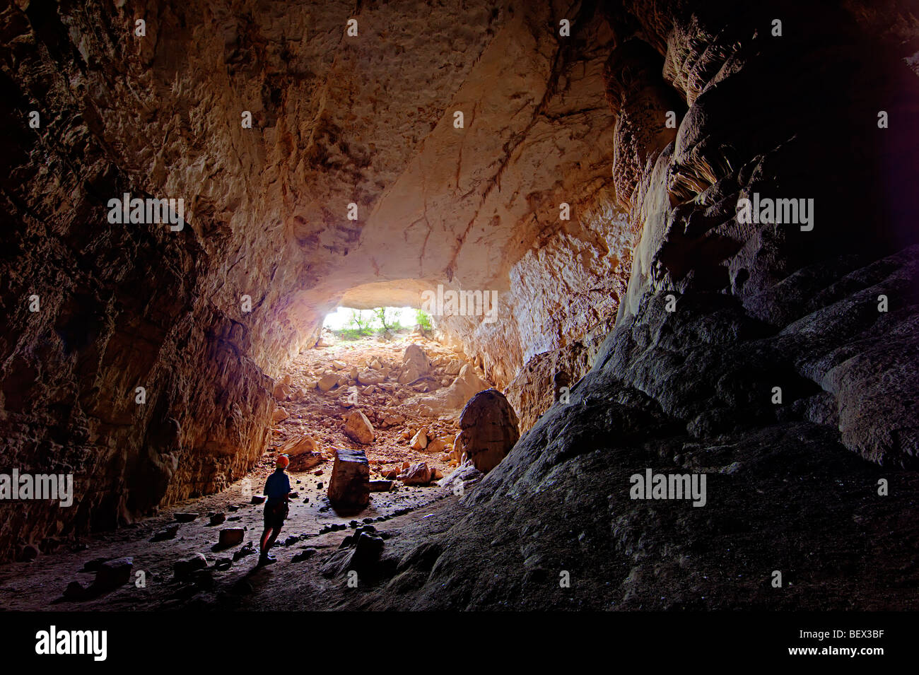 Person in Cottonwood Cave Guadaloupe Mountains New Mexico USA Stock