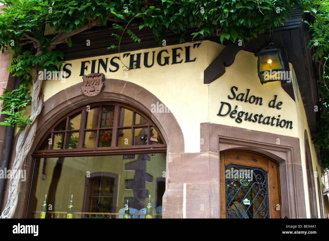 HUGEL Wine tasting room of renowned producer 'Hugel' in central Riquewihr Alsace France Stock Photo
