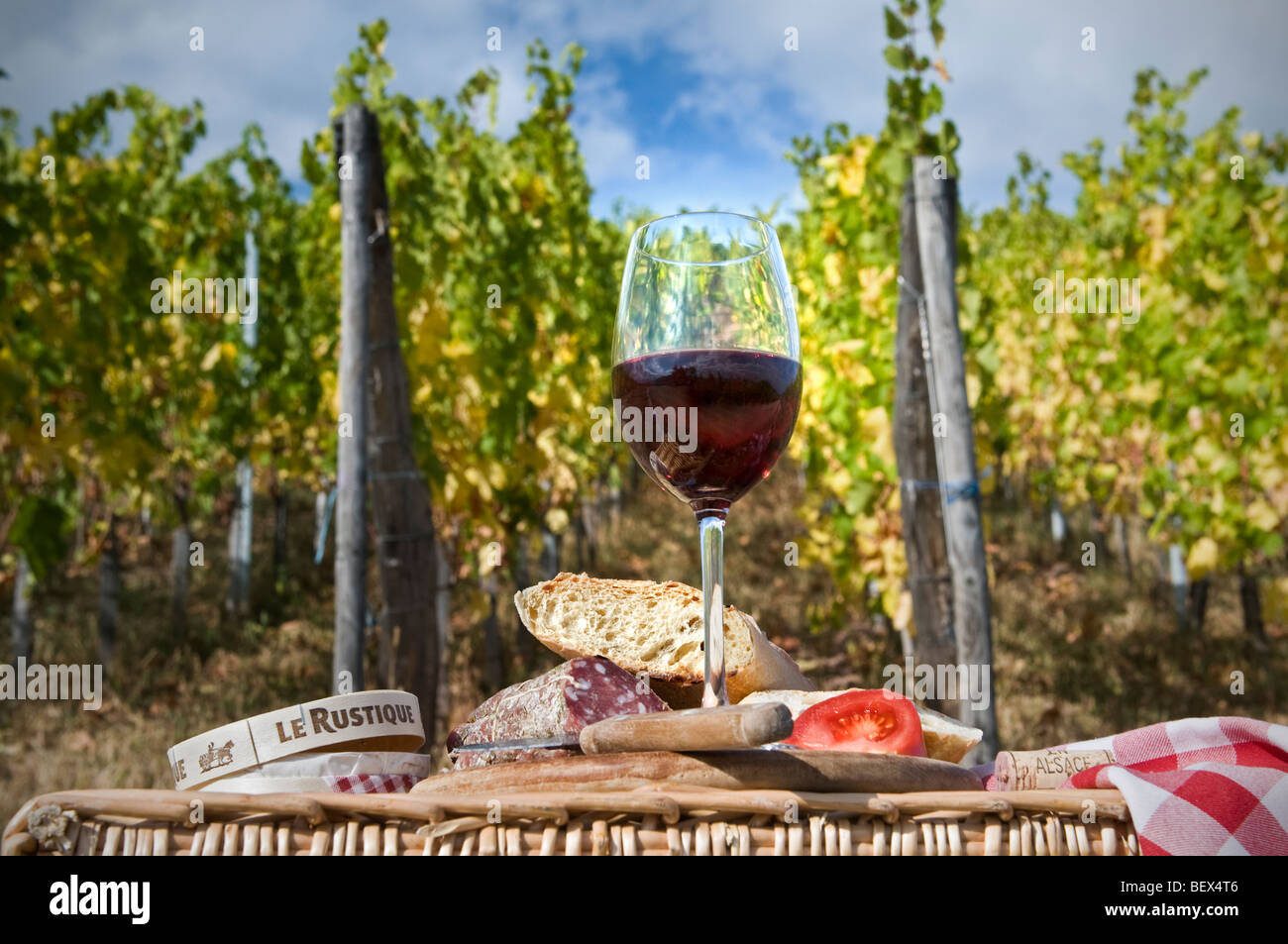 Typical rustic picnic lunch with local red wine bread cheese and saucisson in French vineyard France Stock Photo