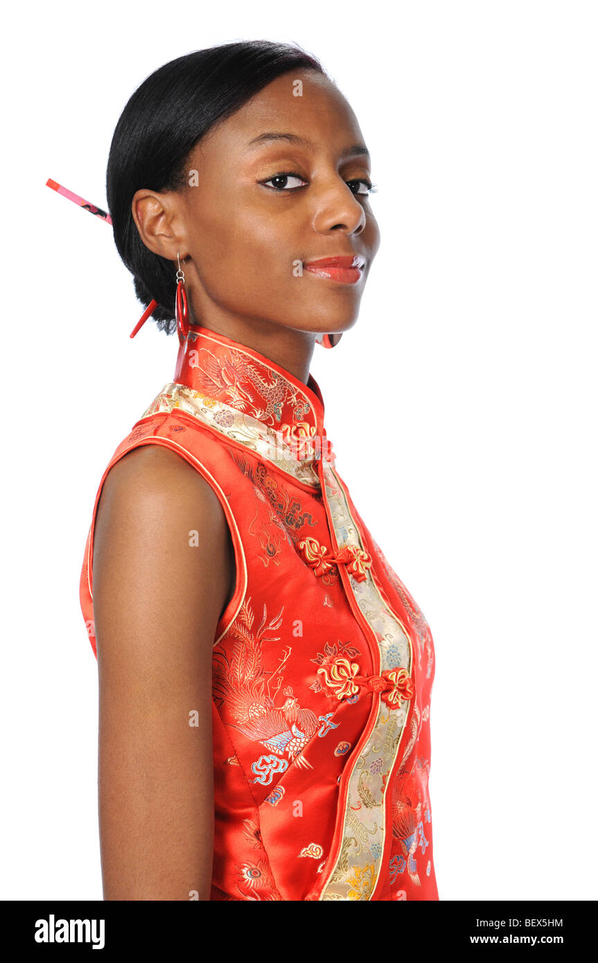 Young African American woman dressed in Geisha dress smiling Stock Photo