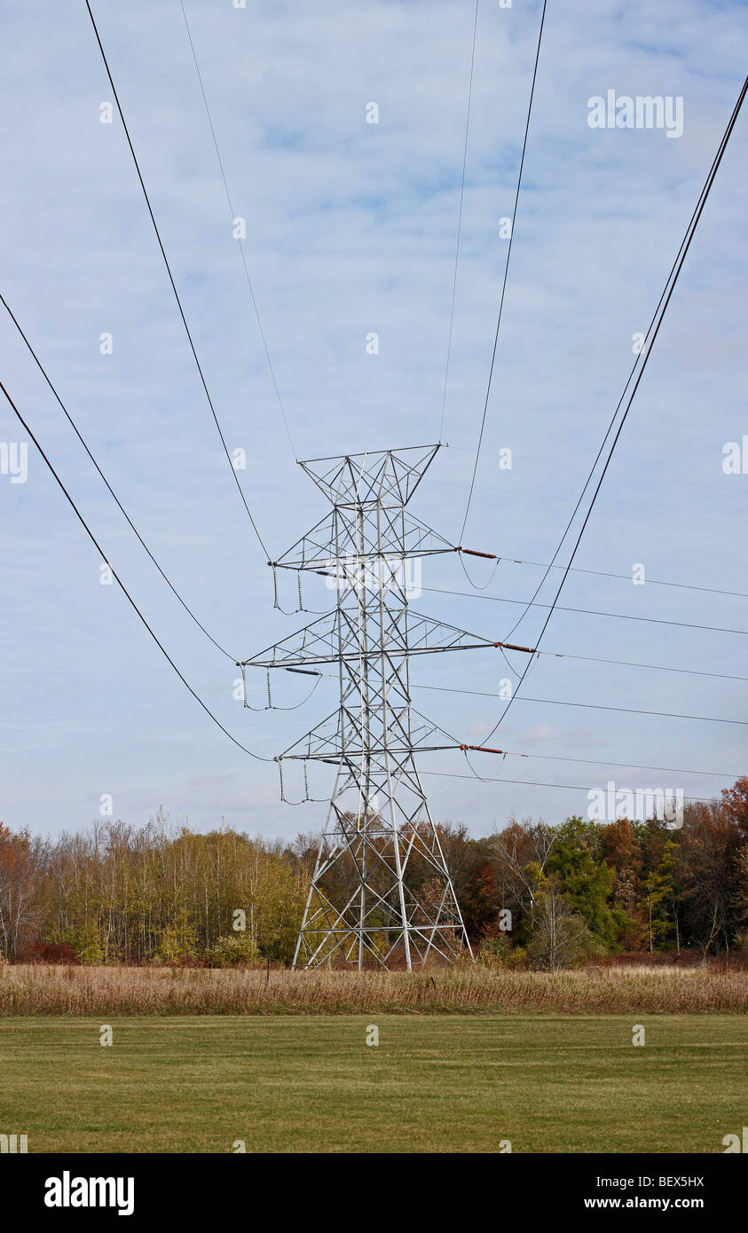 High voltage transmission lines and tower Stock Photo Alamy