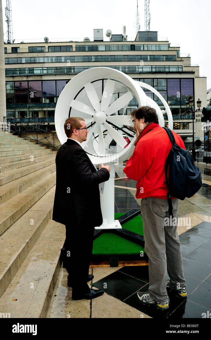 Paris, France, New Technology, Man Showing Eolian 'Wind Turbine' Outside Paris Bourse, 'Elena Energie', Large Model Stock Photo