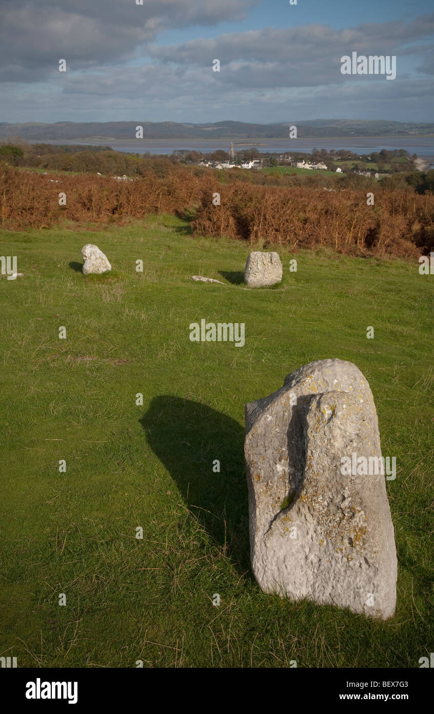 Birkrigg Stone Circle near Ulverston in Cumbria with Bardsea Village and Cartmel Sands behind and Flookburgh in the distance Stock Photo