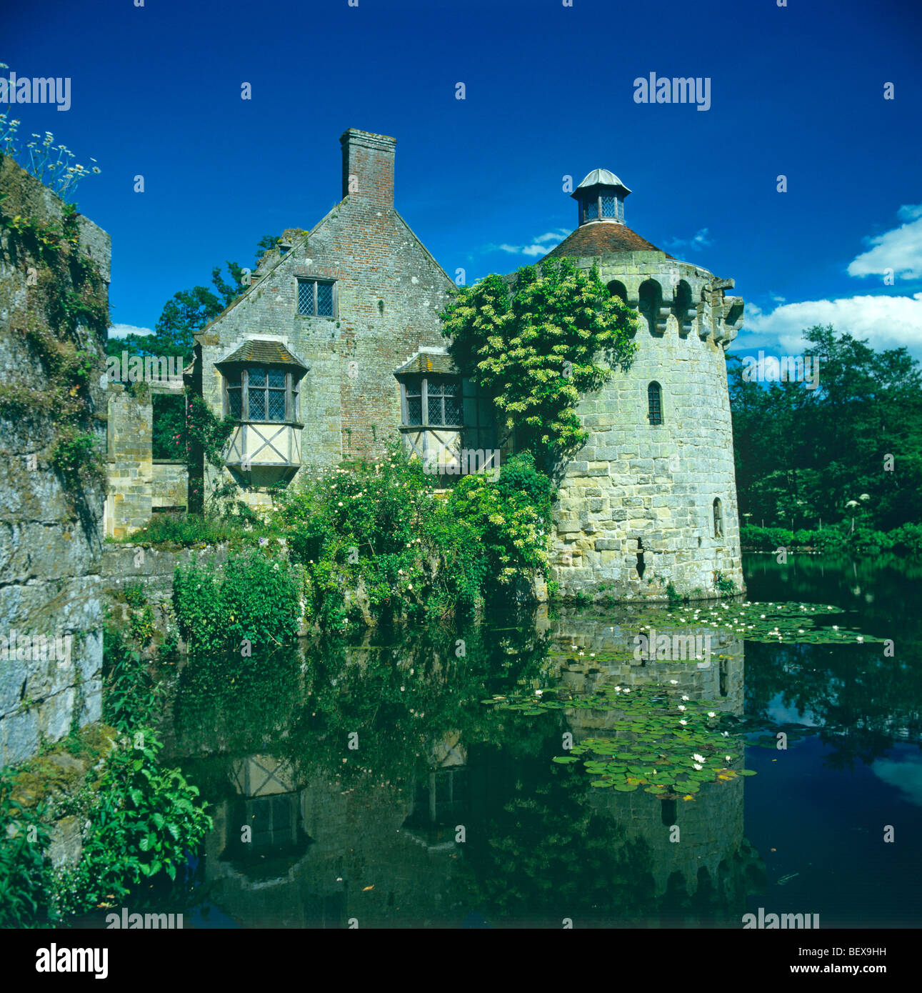 The old Scotney Castle with waterlilies flowering in the moat Stock Photo
