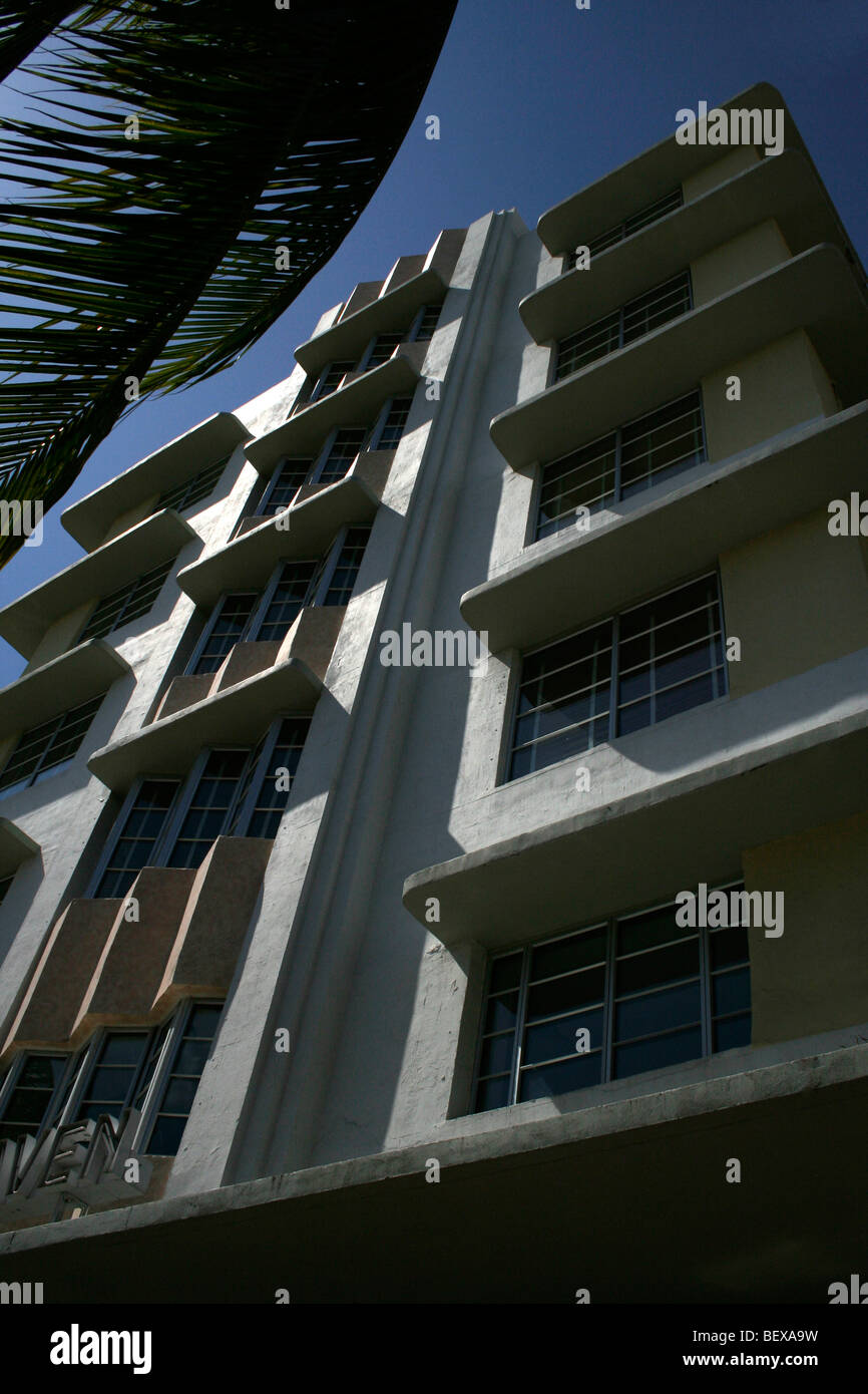 Art Deco Hotel, South Beach, Miami Beach, Miami, Florida, fl, USA, palm tress in front Stock Photo