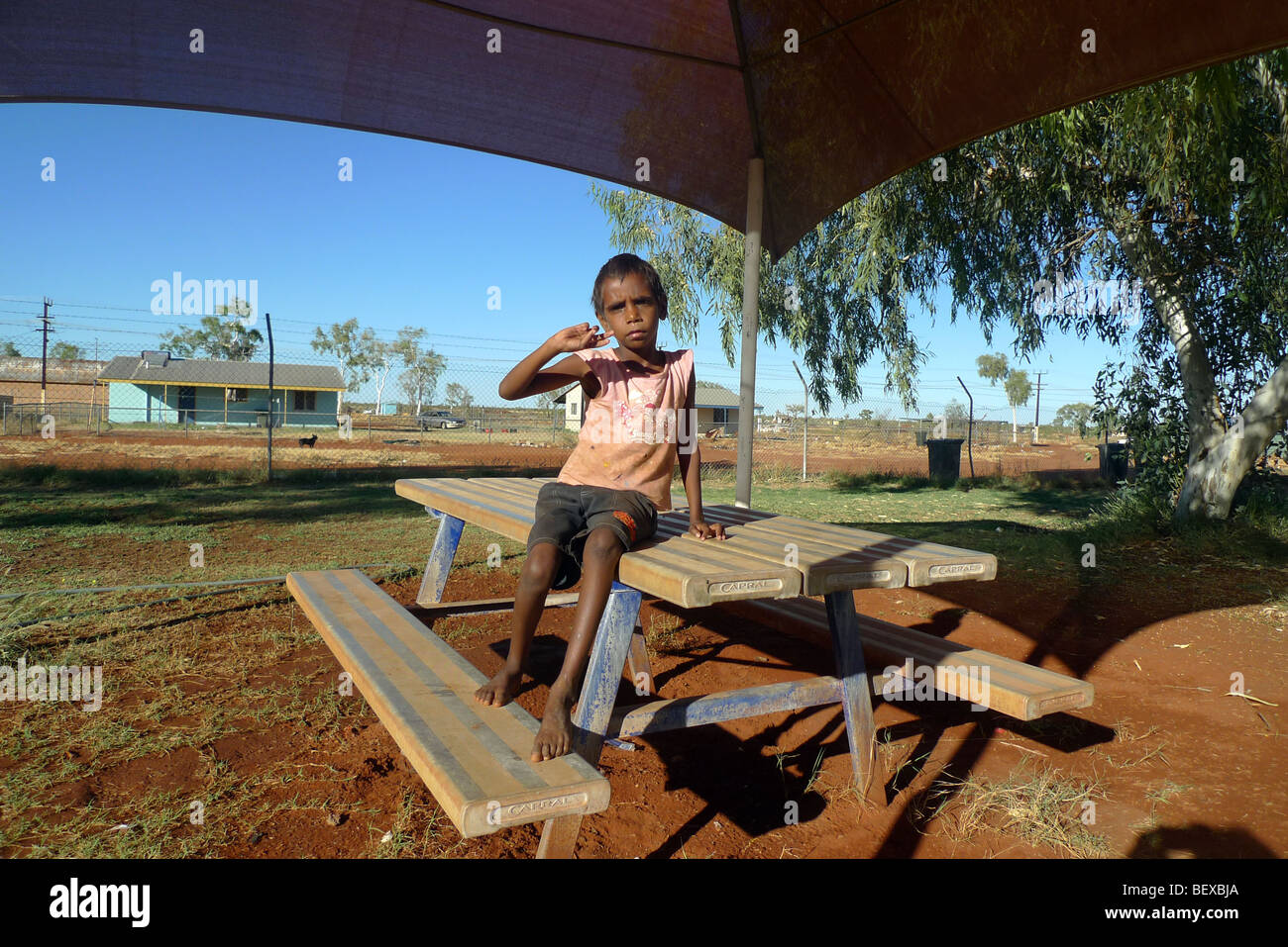 Aboriginal child in the Australian outback, Murray Downs, Northern Territory, Australia. Stock Photo
