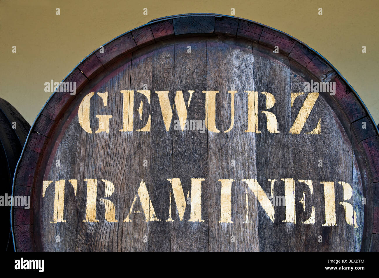 Gewürztraminer wine tasting winery Traditional wine barrel 'Gewurz Traminer' in typical Alsace winery France Stock Photo