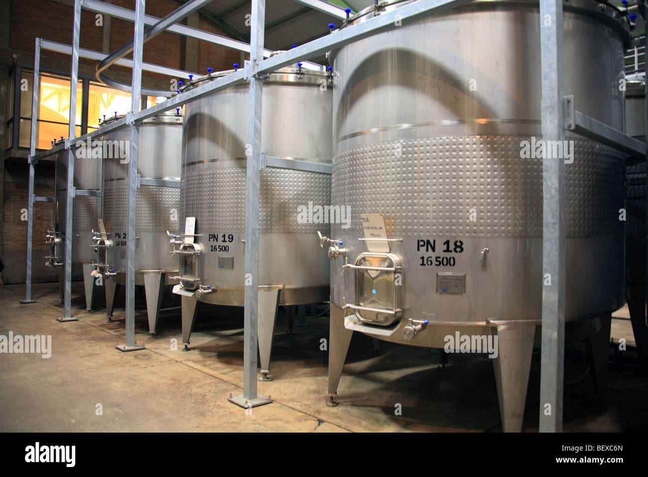 Winery with stainless tanks for grape fermentation Stock Photo