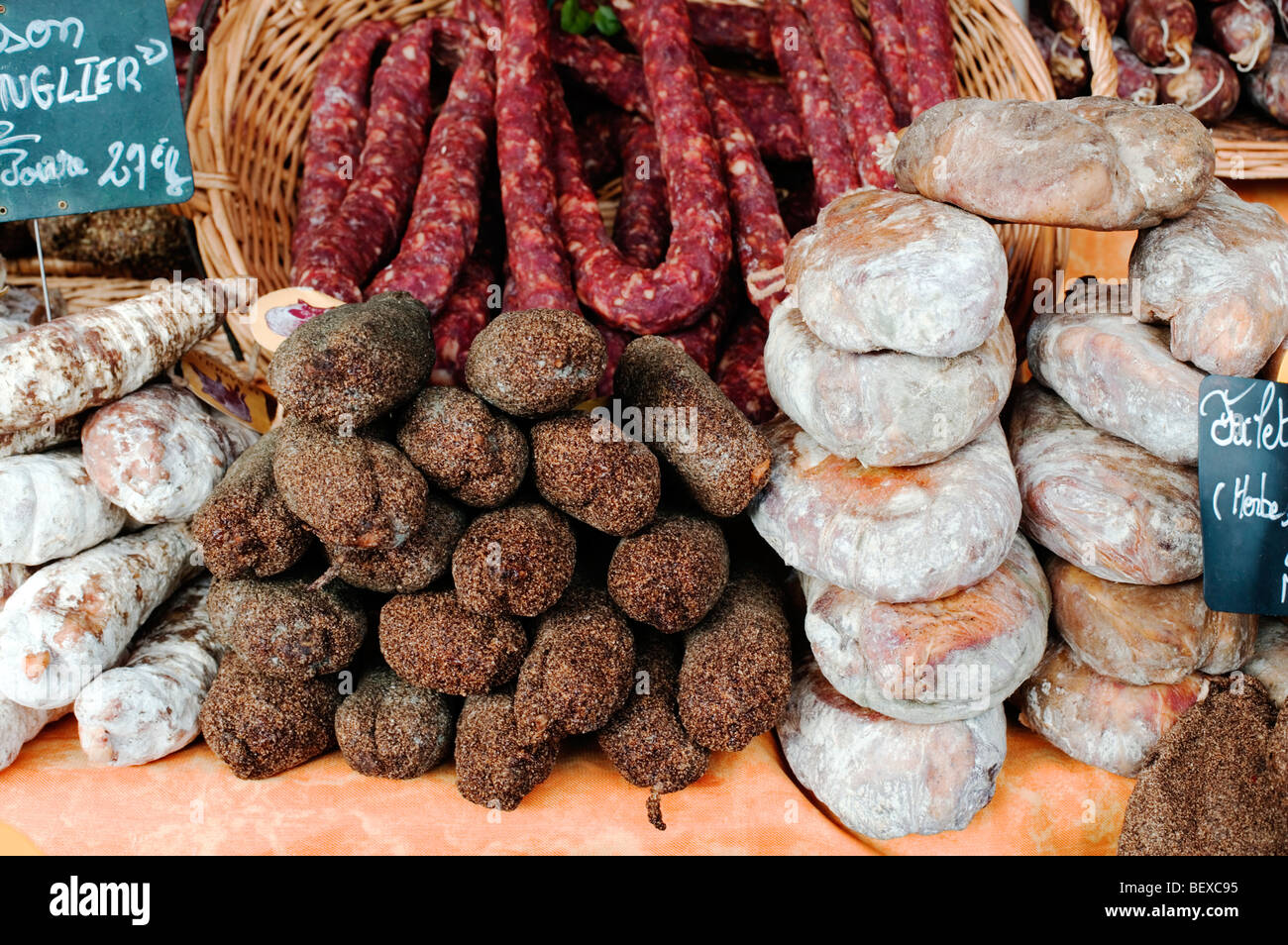 Sarlat market, Dordogne, South West France, Europe Stock Photo