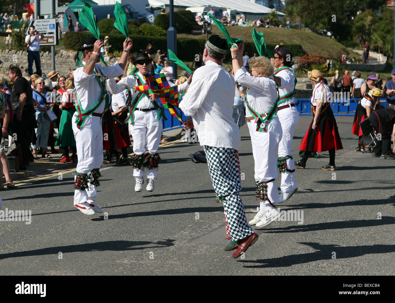 Swanage folk festival Devon, 2009. Morris dancers performing next to the beach. Stock Photo